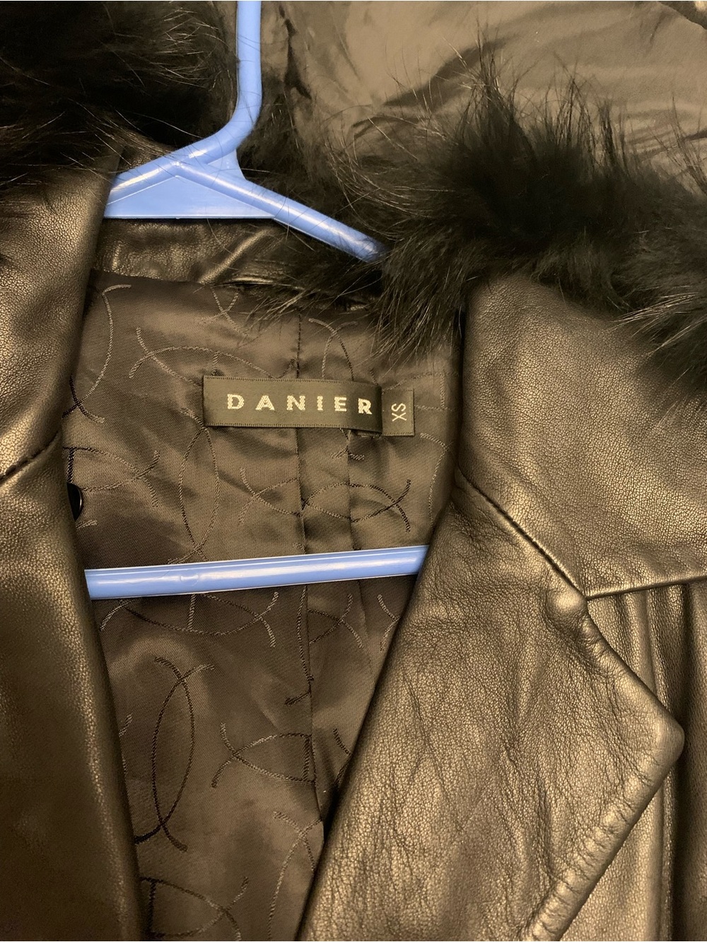 Denier, lined, Black Leather trench coat Jacket with removable Fur-Trim Collar.